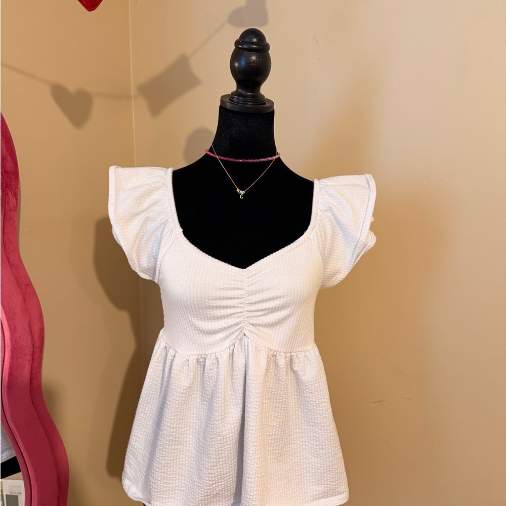 SO White Textured Blouse with Ruffled Sleeves